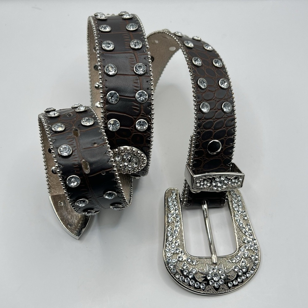 Crystal-Studded Brown Croc-Embossed Women's Belt
